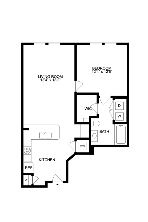 Floor plan for 1 bed, 1 bath, 764 sqft